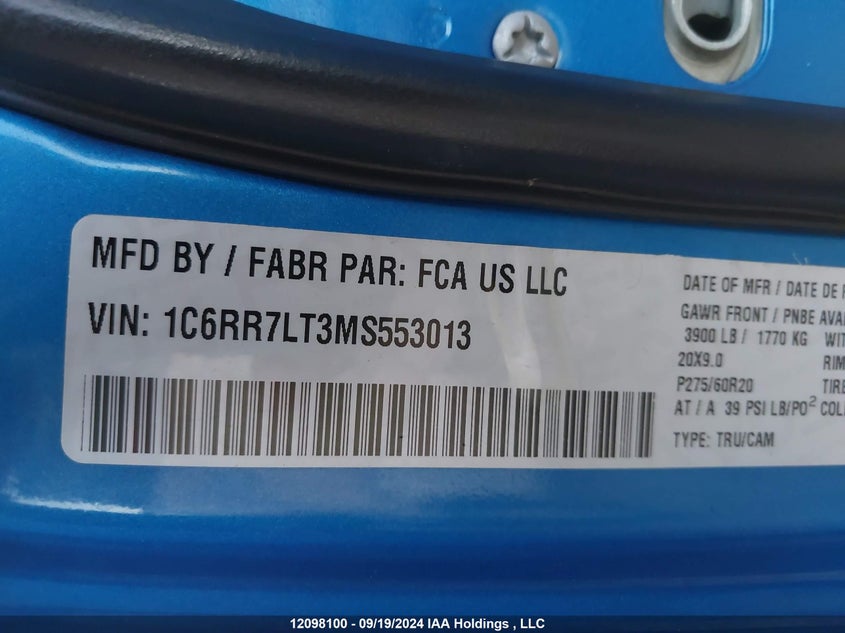 2021 Ram 1500 Classic Warlock VIN: 1C6RR7LT3MS553013 Lot: 12098100
