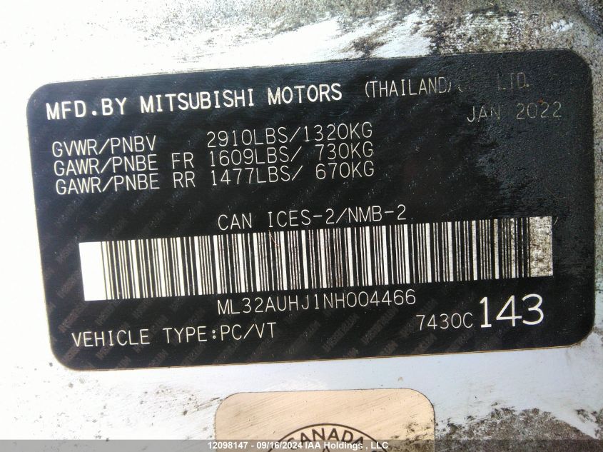 2022 Mitsubishi Mirage VIN: ML32AUHJ1NH004466 Lot: 12098147