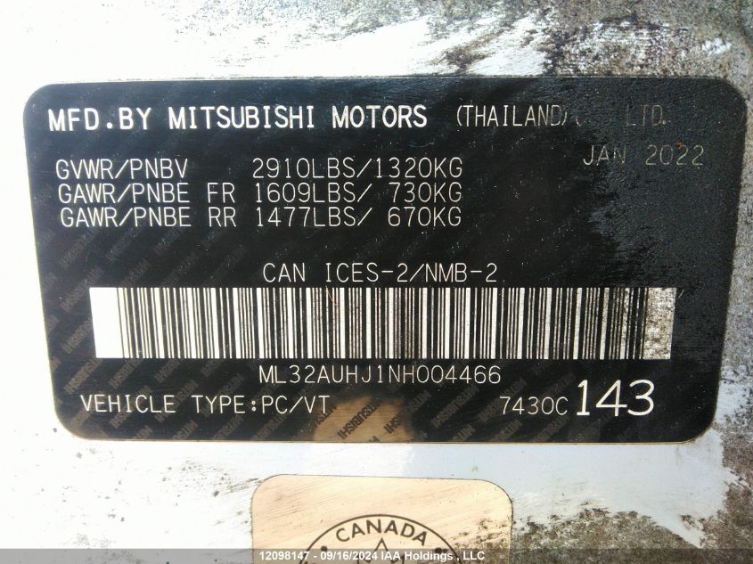 2022 Mitsubishi Mirage VIN: ML32AUHJ1NH004466 Lot: 12098147