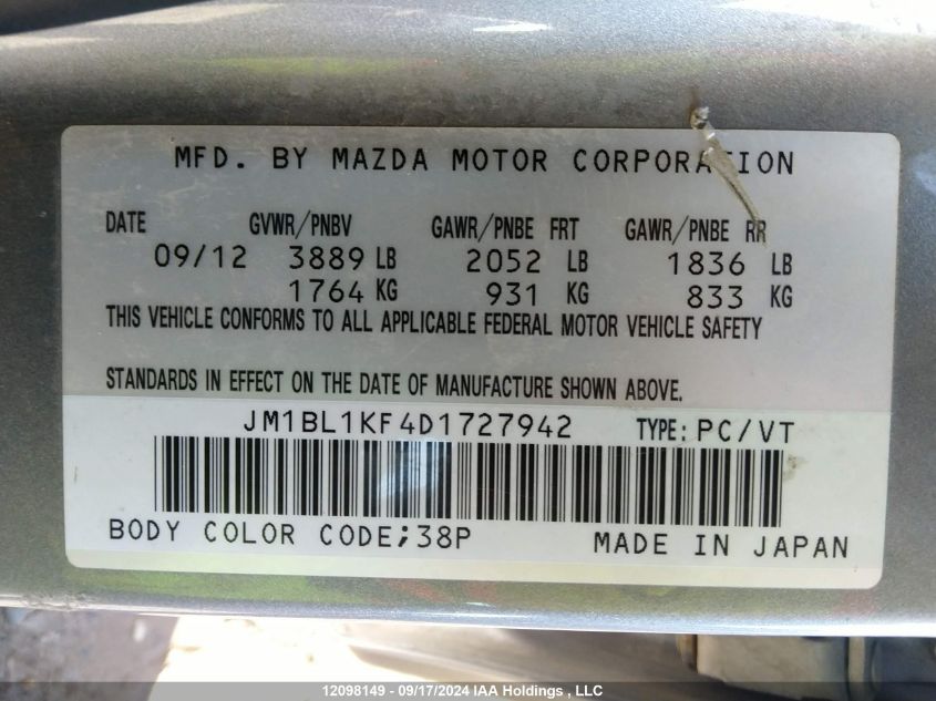 2013 Mazda Mazda3 VIN: JM1BL1KF4D1727942 Lot: 12098149