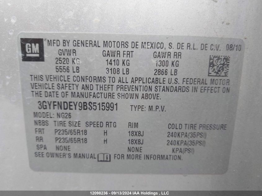 2011 Cadillac Srx Luxury Collection VIN: 3GYFNDEY9BS515991 Lot: 12098236