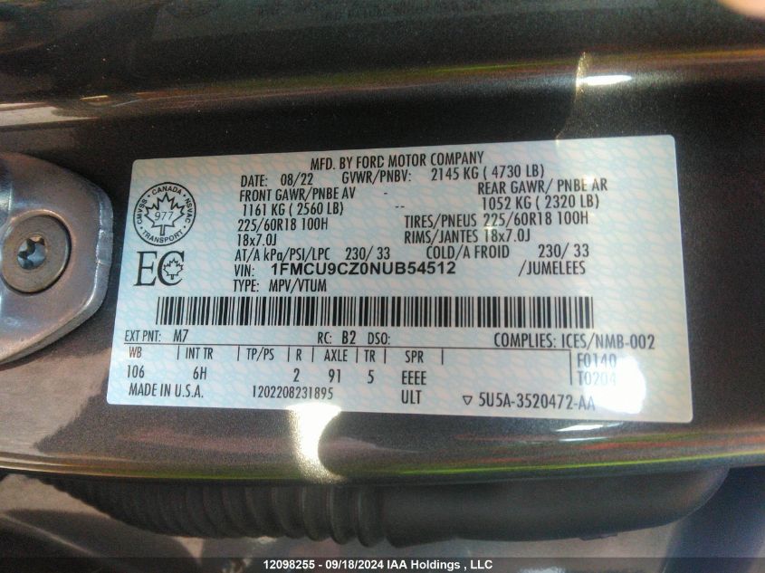 2022 Ford Escape Sel VIN: 1FMCU9CZ0NUB54512 Lot: 12098255