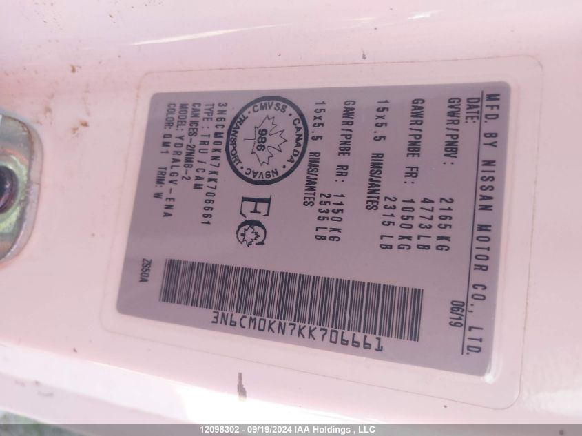 2019 Nissan Nv200 2.5S/2.5Sv VIN: 3N6CM0KN7KK706661 Lot: 12098302