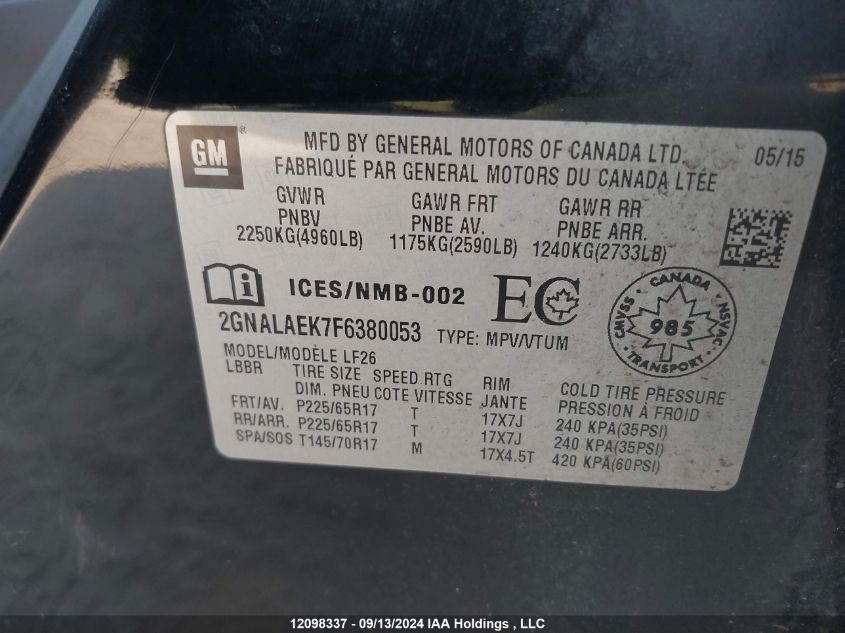 2015 Chevrolet Equinox VIN: 2GNALAEK7F6380053 Lot: 12098337