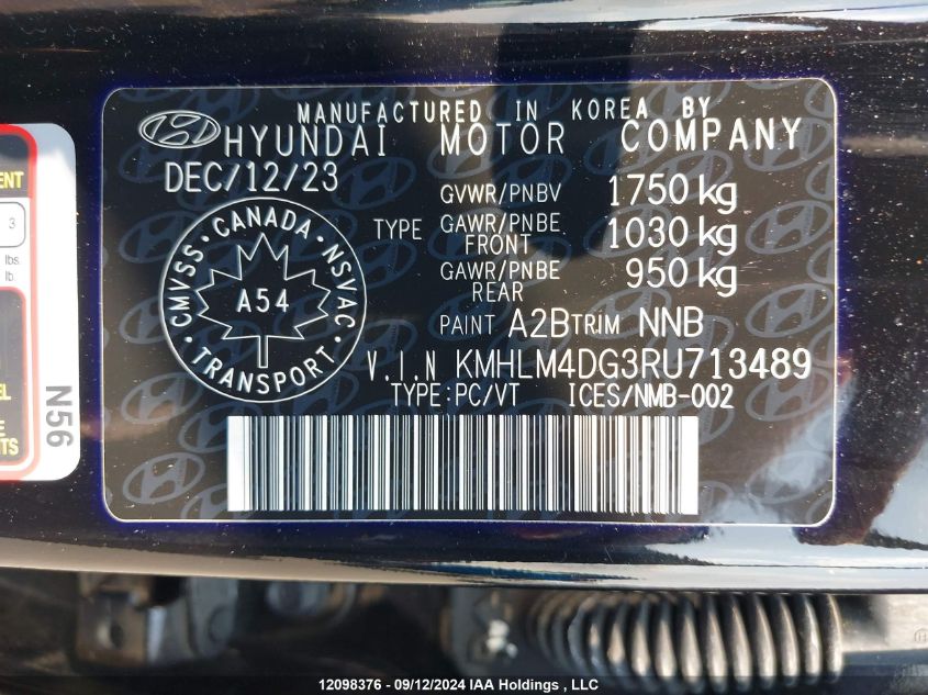 2024 Hyundai Elantra Sel VIN: KMHLM4DG3RU713489 Lot: 12098376