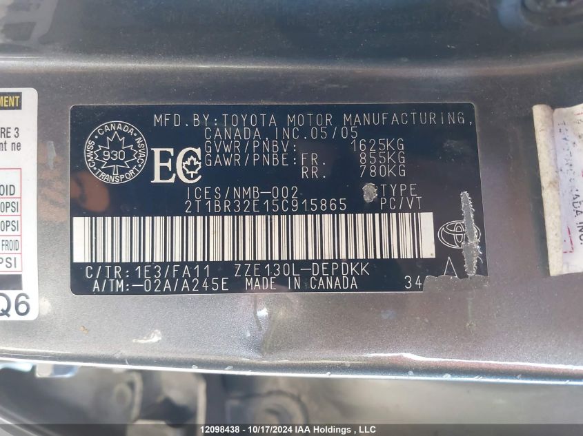 2005 Toyota Corolla Ce/Le/S VIN: 2T1BR32E15C915865 Lot: 12098438