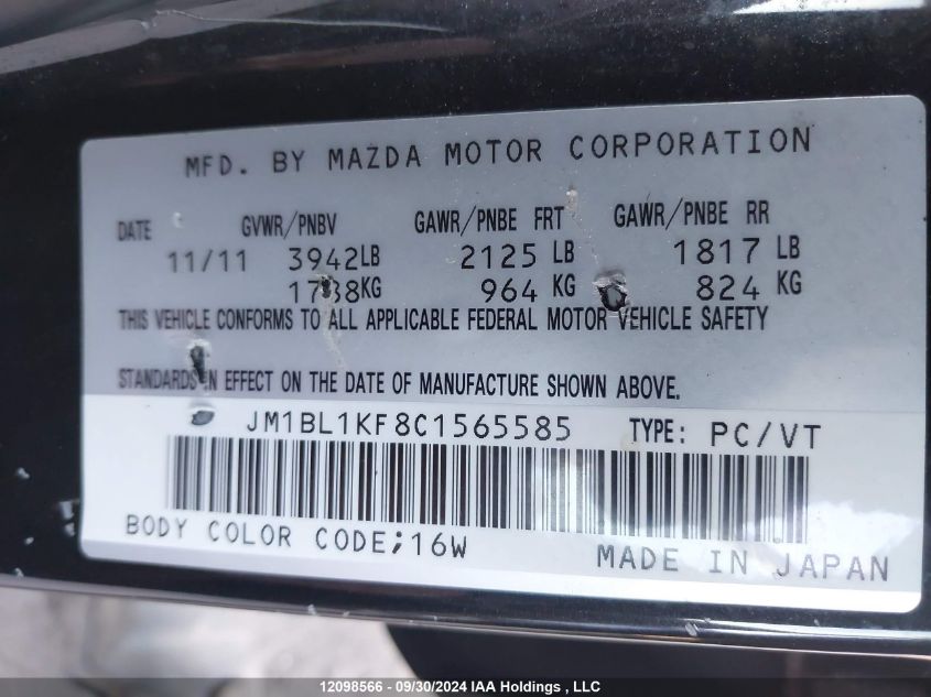 2012 Mazda Mazda3 VIN: JM1BL1KF8C1565585 Lot: 12098566