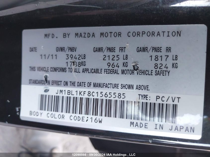 2012 Mazda Mazda3 VIN: JM1BL1KF8C1565585 Lot: 12098566