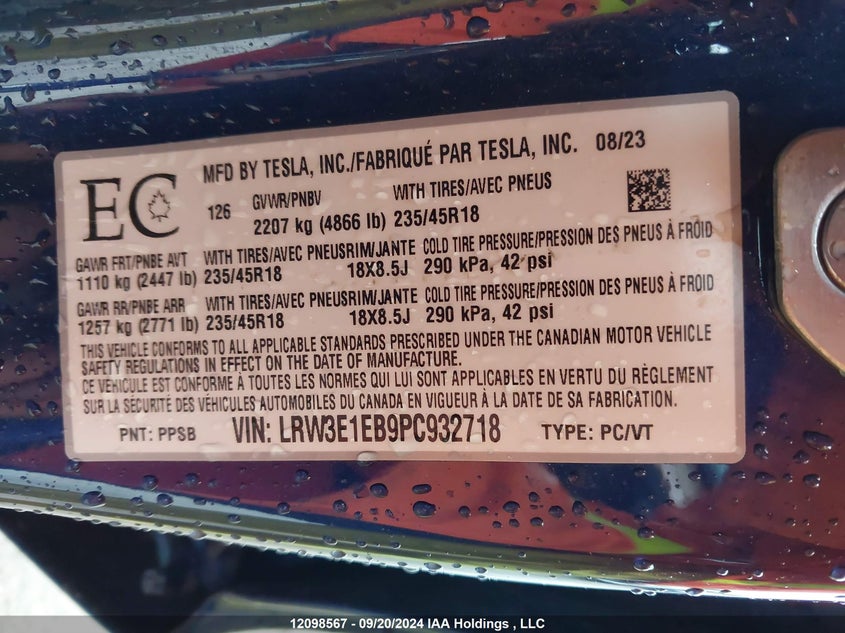 2023 Tesla Model 3 VIN: LRW3E1EB9PC932718 Lot: 12098567