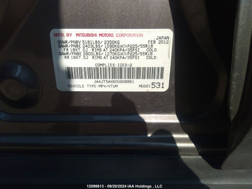 2012 Mitsubishi Outlander Gt VIN: JA4JT5AX6CU608861 Lot: 12098613