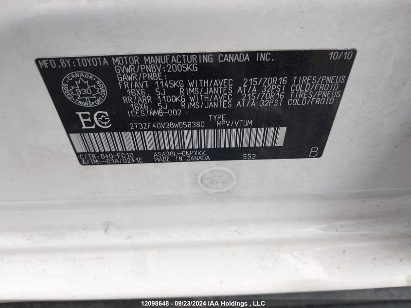 2011 Toyota Rav4 VIN: 2T3ZF4DV3BW058380 Lot: 12098648