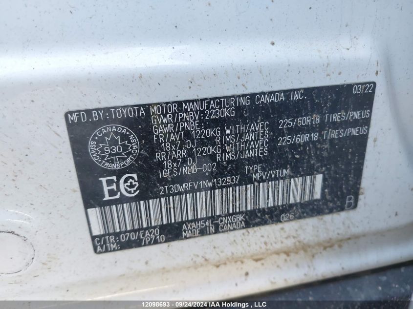 2022 Toyota Rav4 Limited VIN: 2T3DWRFV1NW132937 Lot: 12098693