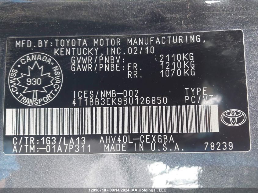 2011 Toyota Camry Hybrid VIN: 4T1BB3EK9BU126850 Lot: 12098710