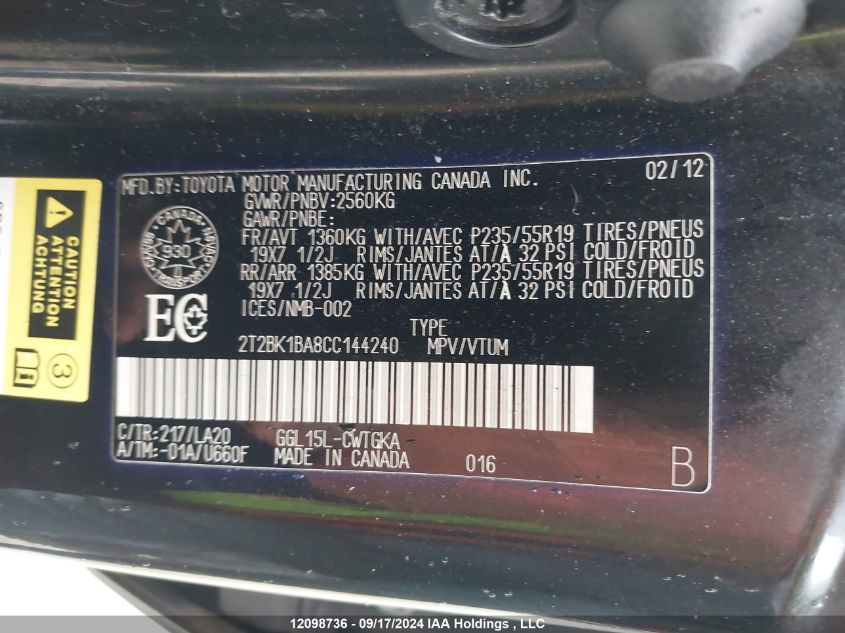 2012 Lexus Rx 350 VIN: 2T2BK1BA8CC144240 Lot: 12098736