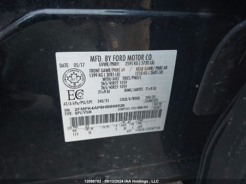 2017 Ford Edge Sport VIN: 2FMPK4AP8HBB99526 Lot: 12098782