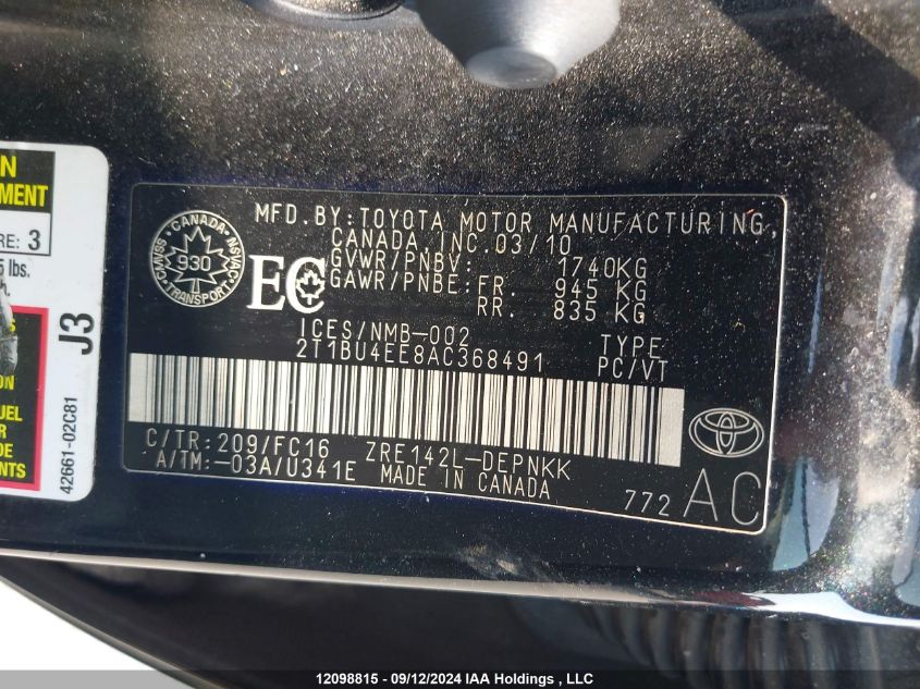 2010 Toyota Corolla S/Le/Xle VIN: 2T1BU4EE8AC368491 Lot: 12098815