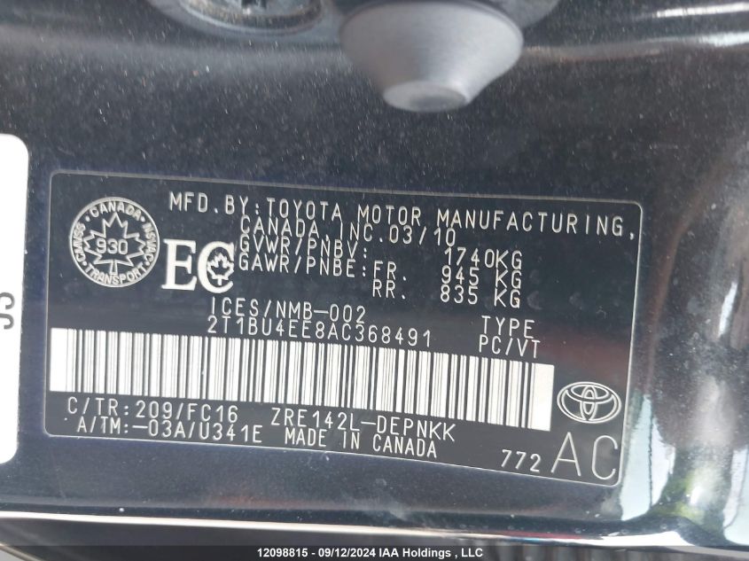 2010 Toyota Corolla S/Le/Xle VIN: 2T1BU4EE8AC368491 Lot: 12098815