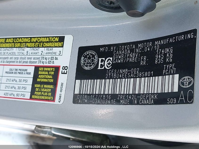 2010 Toyota Corolla S/Le/Xle VIN: 2T1BU4EE5AC385801 Lot: 12098866