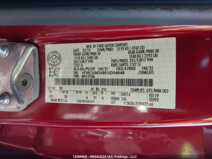 2014 Ford Escape Se VIN: 1FMCU9GX8EUD04648 Lot: 12098900