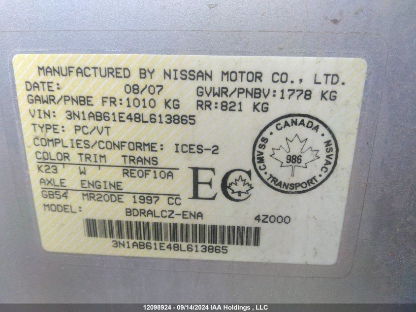 2008 Nissan Sentra 2.0 VIN: 3N1AB61E48L613865 Lot: 12098924