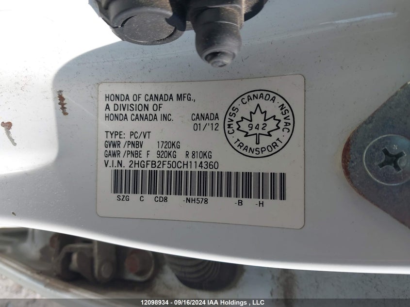 2012 Honda Civic Ex 4Dr VIN: 2HGFB2F50CH114360 Lot: 12098934