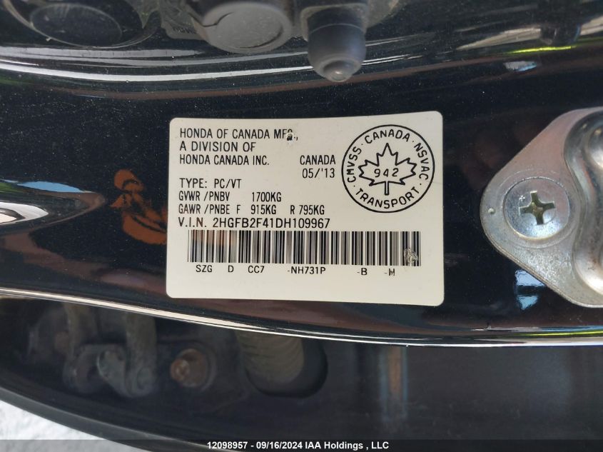 2HGFB2F41DH109967 2013 Honda Civic Sdn