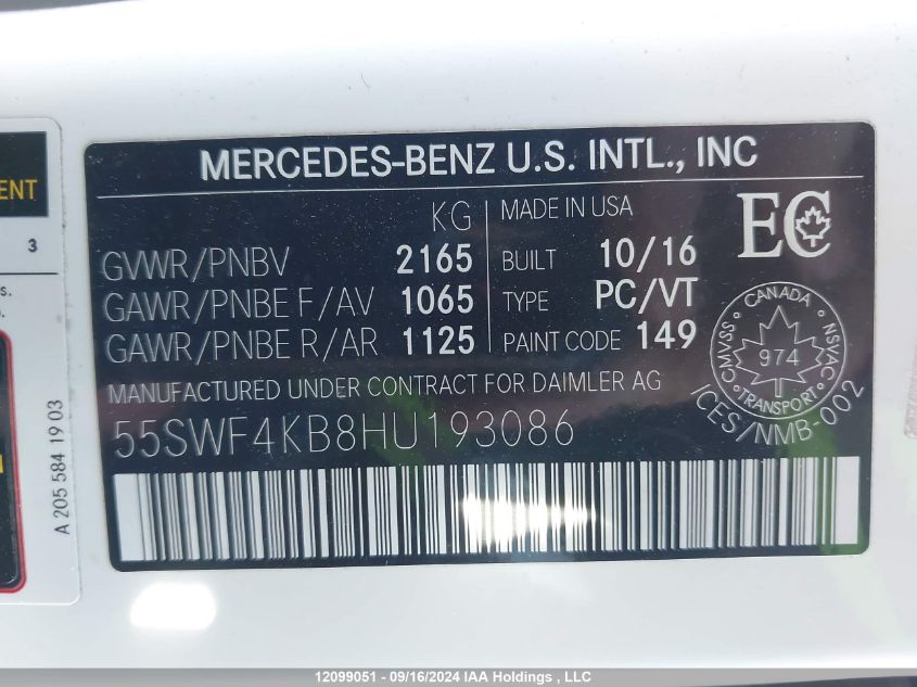 2017 Mercedes-Benz C 300 4Matic VIN: 55SWF4KB8HU193086 Lot: 12099051