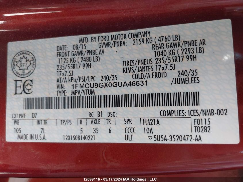 1FMCU9GX0GUA46631 2016 Ford Escape Se