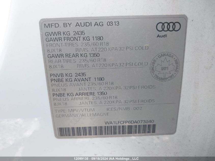 2013 Audi Q5 VIN: WA1LFCFP6DA073840 Lot: 12099135