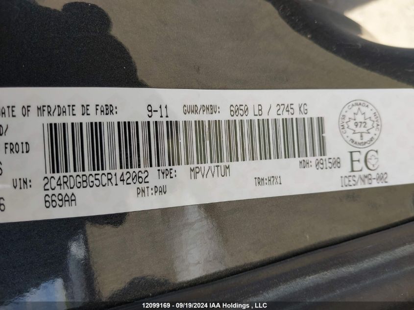 2012 Dodge Grand Caravan Se/Sxt VIN: 2C4RDGBG5CR142062 Lot: 12099169