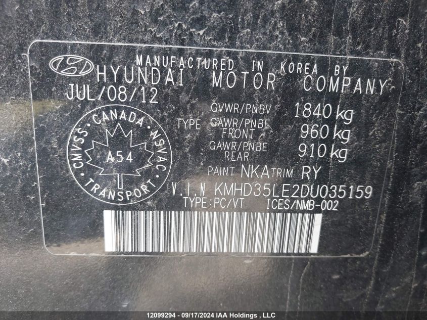 2013 Hyundai Elantra Gt VIN: KMHD35LE2DU035159 Lot: 12099294