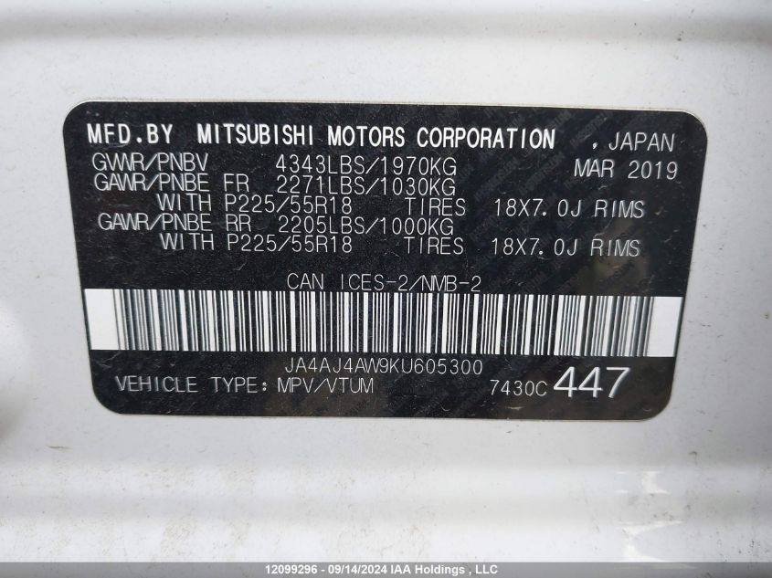 2019 Mitsubishi Rvr VIN: JA4AJ4AW9KU605300 Lot: 12099296