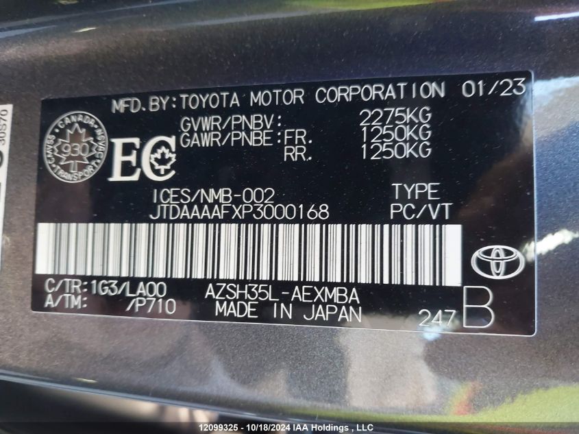 2023 Toyota Crown Xle VIN: JTDAAAAFXP3000168 Lot: 12099325