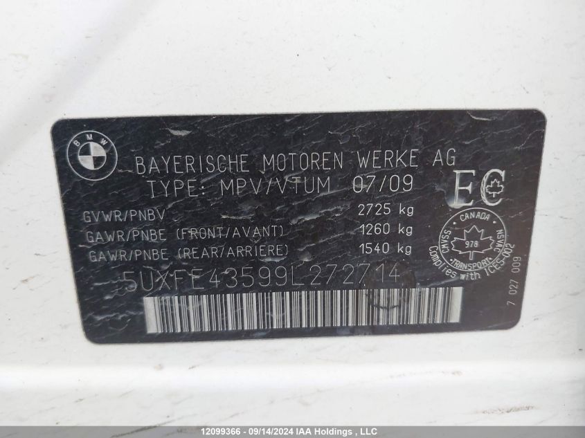 2009 BMW X5 xDrive30I VIN: 5UXFE43599L272714 Lot: 12099366