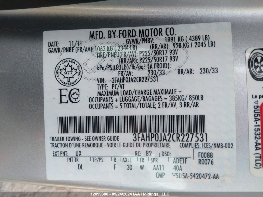 2012 Ford Fusion VIN: 3FAHP0JA2CR227531 Lot: 12099380