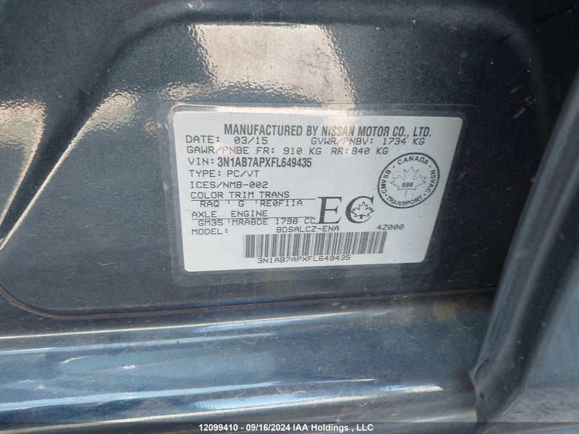 2015 Nissan Sentra VIN: 3N1AB7APXFL649435 Lot: 12099410