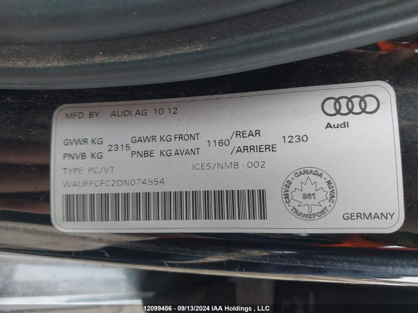 2013 Audi A6 VIN: WAUFFCFC2DN074554 Lot: 12099456