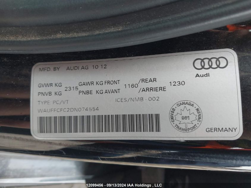 2013 Audi A6 VIN: WAUFFCFC2DN074554 Lot: 12099456