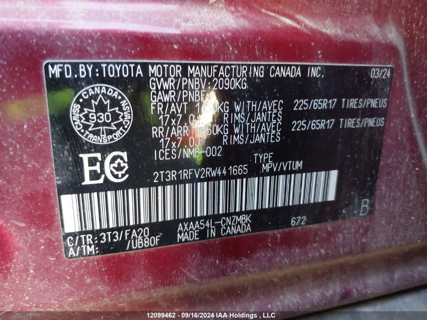 2024 Toyota Rav4 Xle/Xle Premium VIN: 2T3R1RFV2RW441665 Lot: 12099462