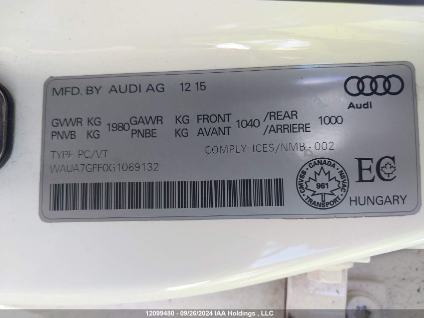 2016 Audi A3 VIN: WAUA7GFF0G1069132 Lot: 12099480