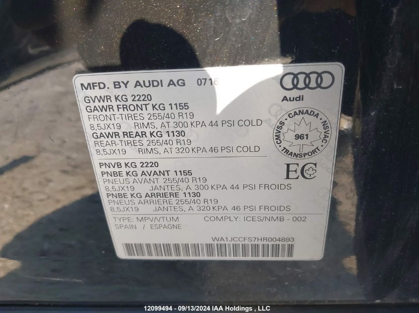 2017 Audi Q3 VIN: WA1JCCFS7HR004893 Lot: 12099494