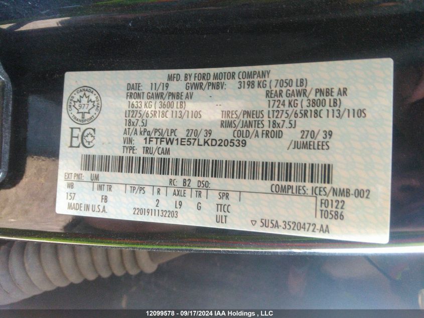 2020 Ford F150 Supercrew VIN: 1FTFW1E57LKD20539 Lot: 12099578