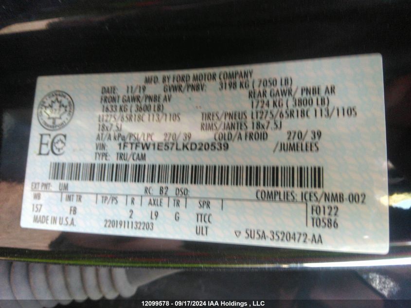 2020 Ford F150 Supercrew VIN: 1FTFW1E57LKD20539 Lot: 12099578