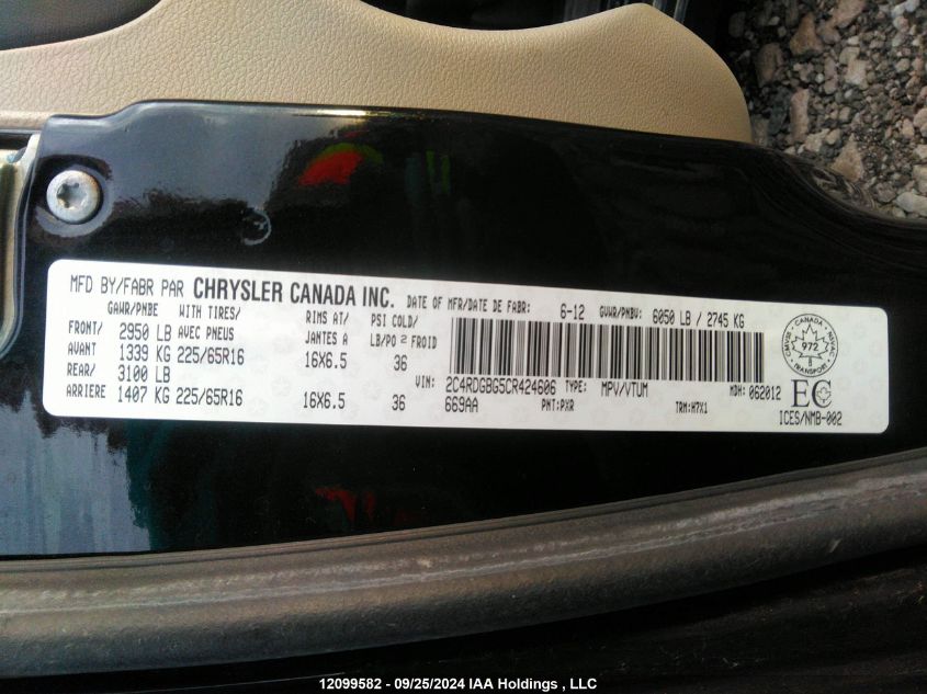 2012 Dodge Grand Caravan Se VIN: 2C4RDGBG5CR424606 Lot: 12099582