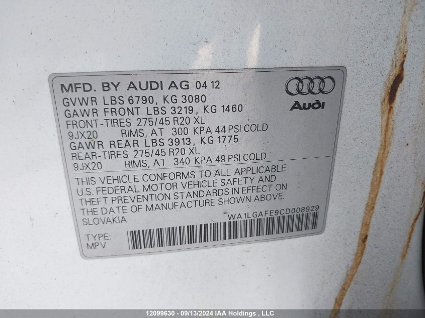 2012 Audi Q7 Premium Plus VIN: WA1LGAFE9CD008929 Lot: 12099630