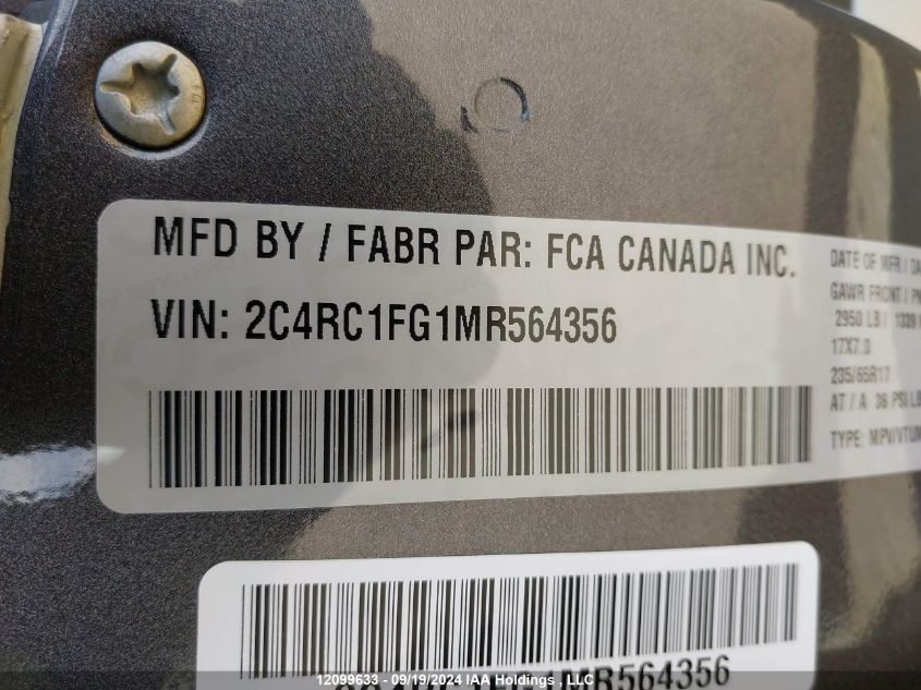 2021 Chrysler Pacifica Touring VIN: 2C4RC1FG1MR564356 Lot: 12099633