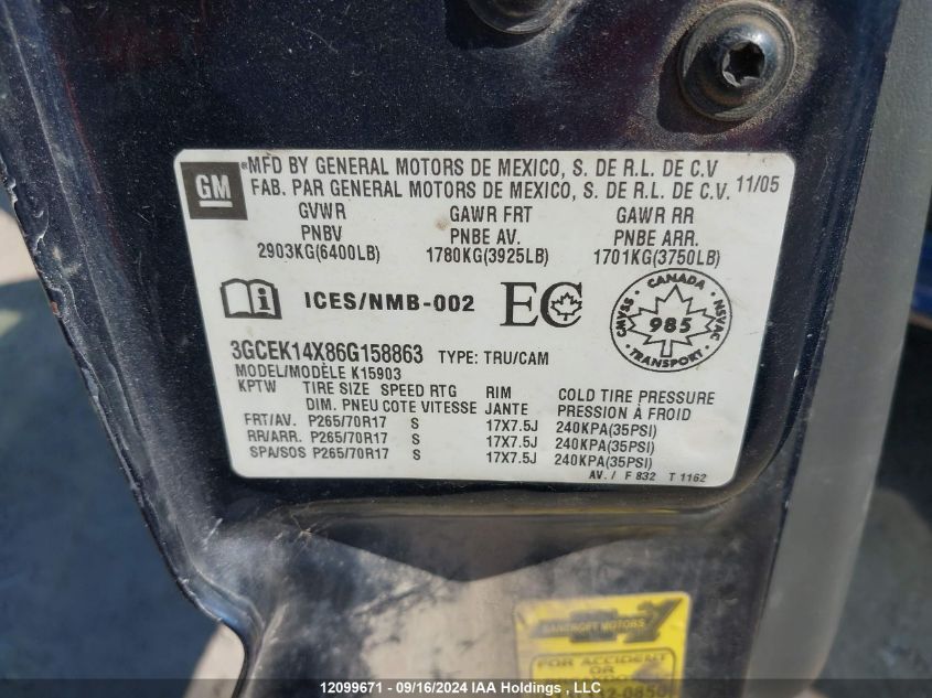 2006 Chevrolet Silverado 1500 VIN: 3GCEK14X86G158863 Lot: 12099671