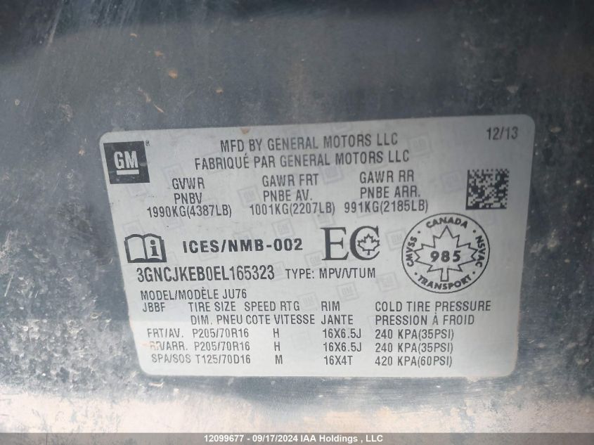 2014 Chevrolet Trax VIN: 3GNCJKEB0EL165323 Lot: 12099677