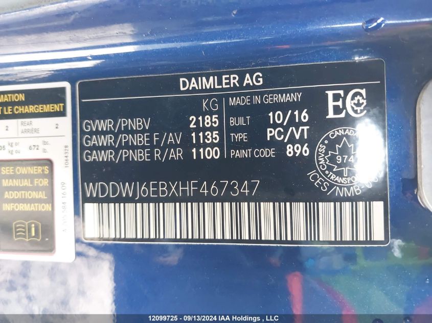 2017 Mercedes-Benz C-Class VIN: WDDWJ6EBXHF467347 Lot: 12099725