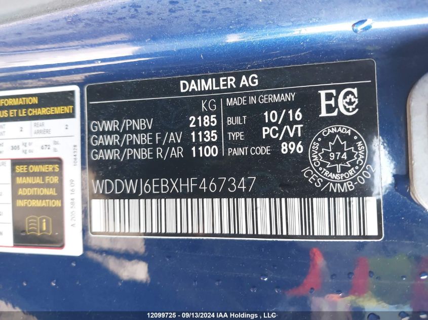 2017 Mercedes-Benz C-Class VIN: WDDWJ6EBXHF467347 Lot: 12099725